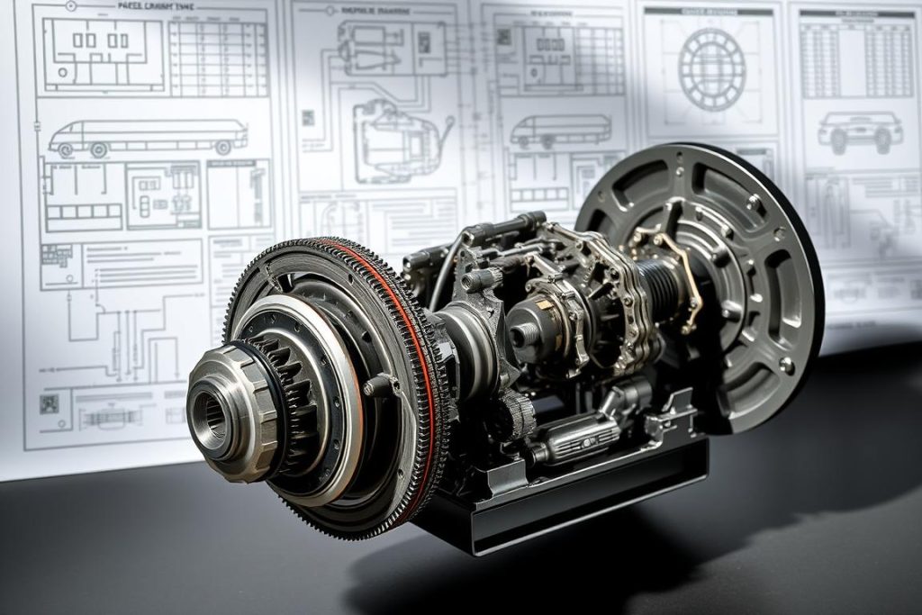 A detailed cutaway diagram showcasing the inner workings of a vehicle's transmission system. In the foreground, the clutch assembly and gearbox are prominently displayed, with intricate mechanical components meticulously rendered using a realistic, high-contrast style. The middle ground features the differential and axle shafts, highlighting their critical role in power transmission. The background subtly blends technical schematics and engineering diagrams, providing context and emphasizing the complex nature of the system. The lighting is crisp and directional, casting dramatic shadows that accentuate the depth and three-dimensionality of the components. The overall mood is one of precision, functionality, and the importance of proper maintenance for the reliable operation of the vehicle.
