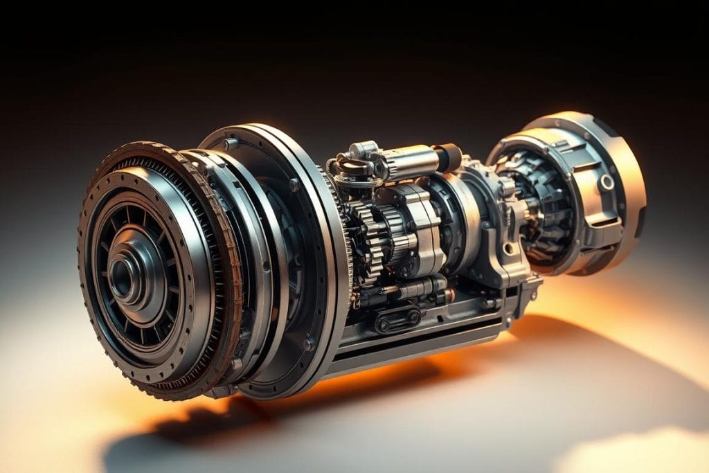 A detailed cutaway view of an automotive transmission system, showcasing the inner workings of the clutch, gearbox, and differential. The scene is illuminated by soft, warm lighting that casts subtle shadows, highlighting the intricate mechanical components. The camera angle provides a clear, cross-sectional perspective, allowing the viewer to fully appreciate the engineering complexity and interconnectedness of these key drivetrain elements. Rendered with a high level of realism and technical accuracy, the image conveys a sense of precision and functionality, visually explaining how these subsystems collaborate to transmit power from the engine to the wheels.