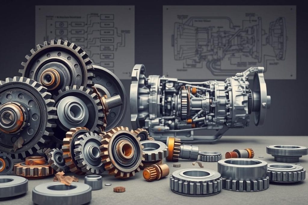 A detailed illustration showcasing the common symptoms of transmission problems in a motor vehicle. In the foreground, a collection of mechanical components such as gears, shafts, and bearings appear worn and damaged, hinting at underlying issues. The middle ground features a cutaway view of a transmission, revealing its internal structure and highlighting potential areas of failure. In the background, a muted diagram or schematic provides technical context, allowing viewers to understand the root causes of the visible symptoms. The overall scene is rendered in a muted, technical color palette, conveying a sense of professional expertise and diagnostic assessment.